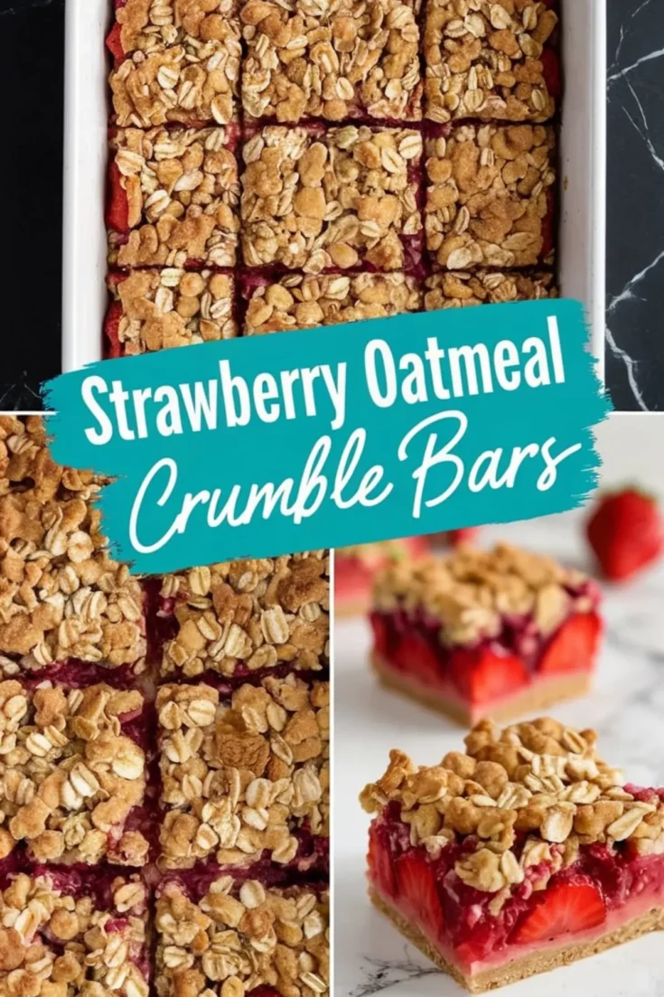 Collage showing strawberry oatmeal crumble bars cut into squares in a white baking dish, a close-up of the oat crumble topping, and a plated slice revealing bright strawberry filling and golden crust.