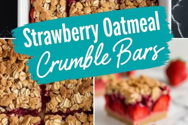 Collage showing strawberry oatmeal crumble bars cut into squares in a white baking dish, a close-up of the oat crumble topping, and a plated slice revealing bright strawberry filling and golden crust.