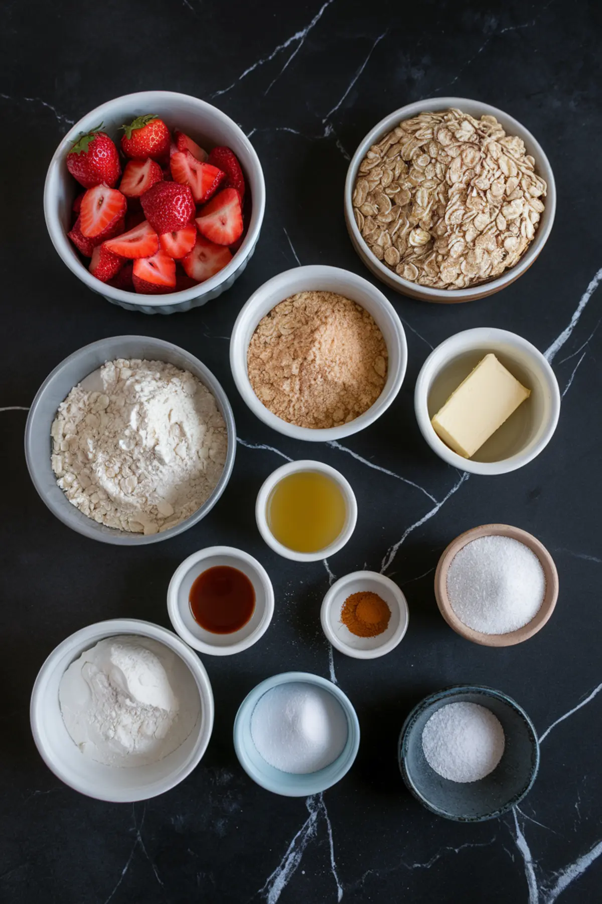 Flat lay of ingredients for strawberry oatmeal crumble bars, including fresh strawberries, rolled oats, flour, butter, brown sugar, white sugar, vanilla, lemon juice, cinnamon, and salt arranged in small bowls on a black marble surface.