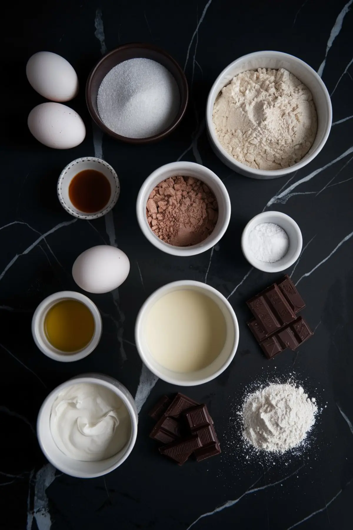 Flat lay of baking ingredients arranged on a black marble surface, including eggs, sugar, flour, cocoa powder, vanilla extract, baking powder, chocolate, milk, oil, and sour cream.