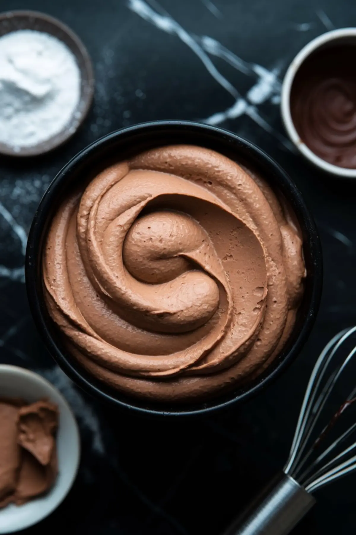 Close-up of a bowl of chocolate whipped cream frosting with a silky, swirled texture. A whisk and bowls of ingredients sit on a black marble surface.