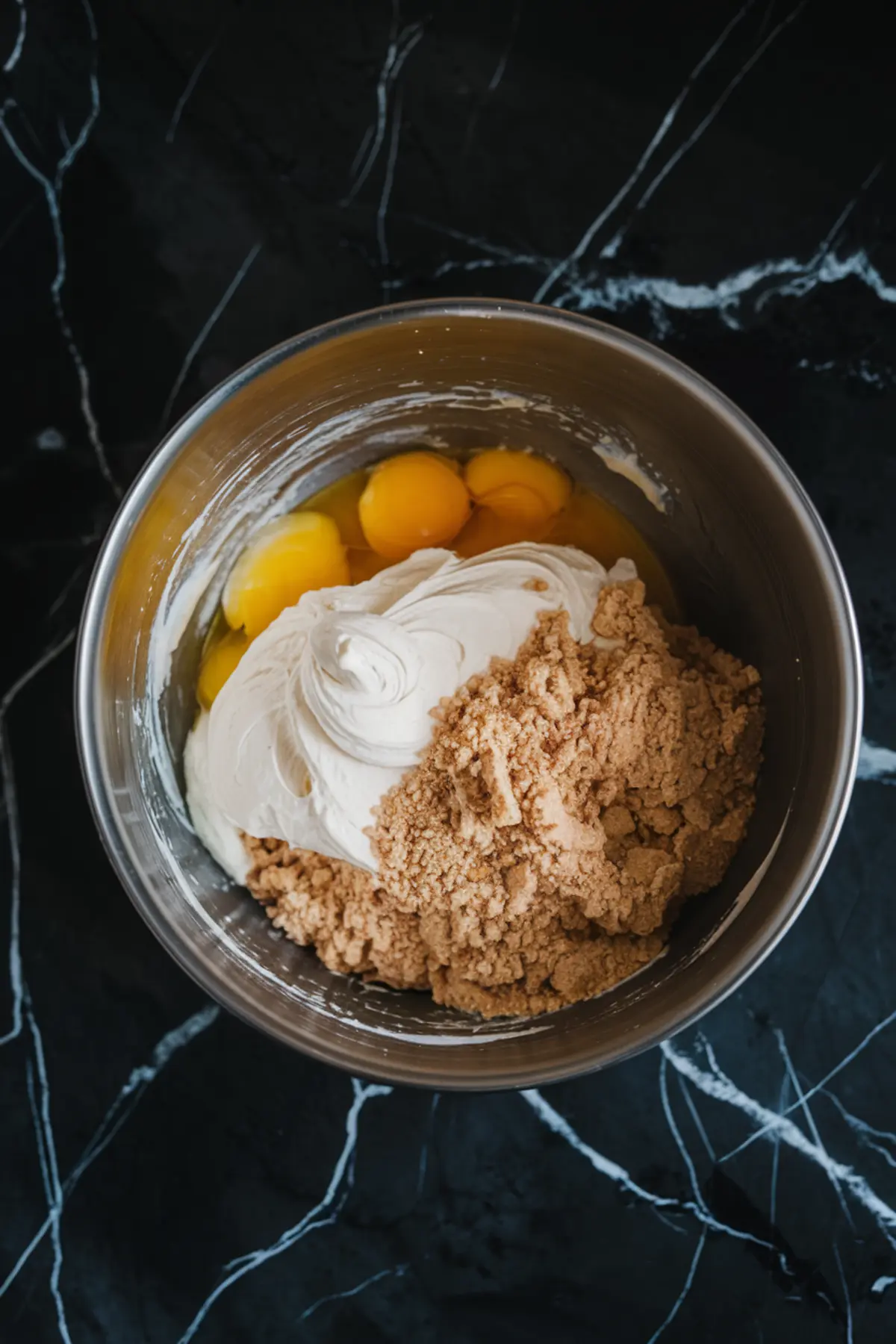 Stainless steel mixing bowl containing cracked eggs, whipped cream, and cocoa powder, ready to be blended into a cake batter.