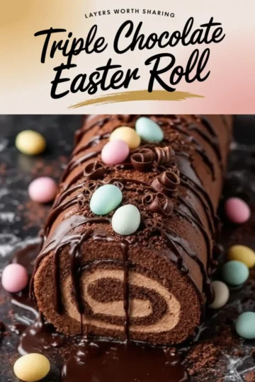 Collage of a triple chocolate Easter roll cake with glossy chocolate drizzle and mini egg decorations, styled on a dark background. The text overlay reads “Layers worth sharing - Triple Chocolate Easter Roll.”