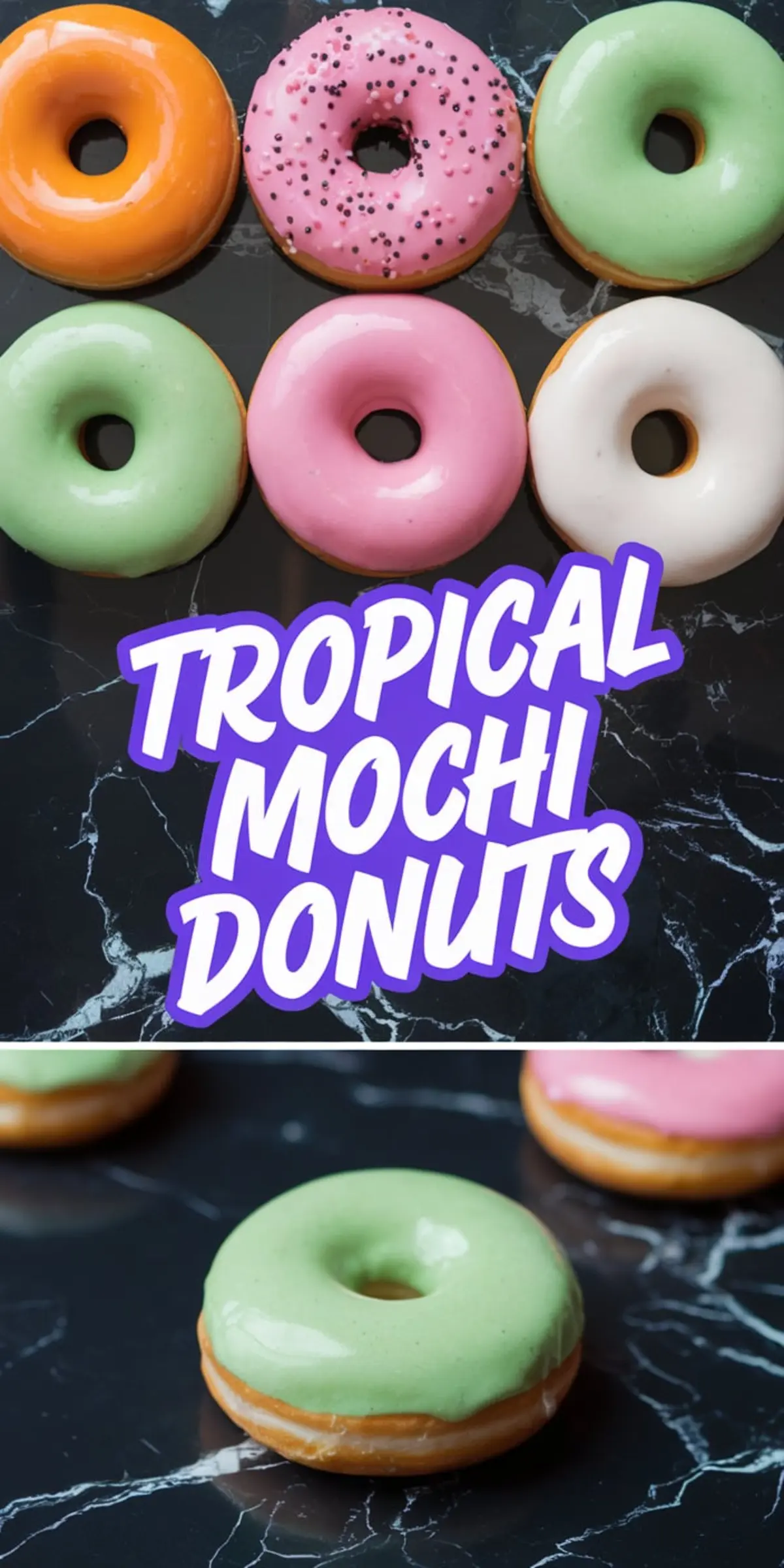 Assorted pastel mochi donuts with shiny glazes in orange, green, pink, and white, including one topped with pink and black sprinkles, shown from above and in a close-up of a green donut on a black marble surface.