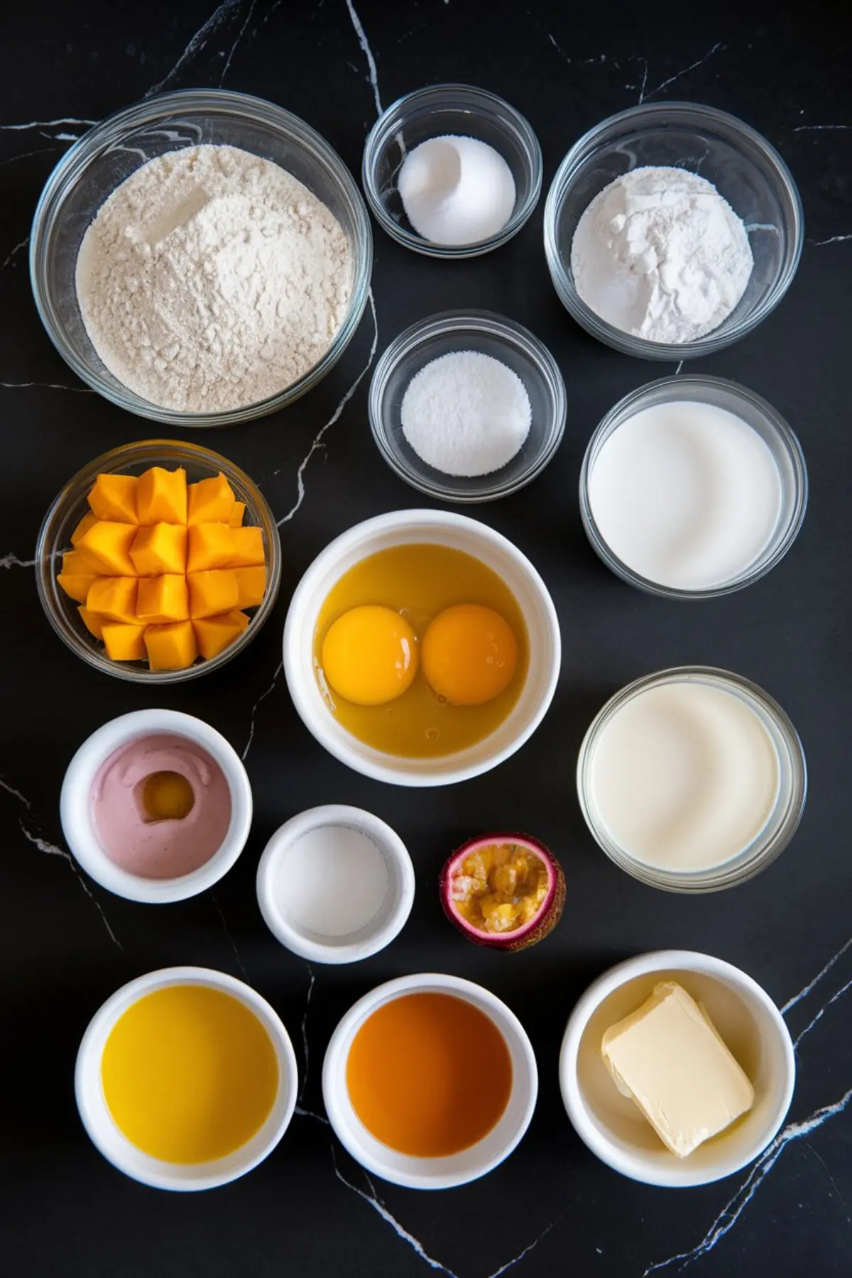 Flat lay of ingredients for making tropical mochi donuts, featuring glass bowls filled with flour, sugar, baking powder, milk, eggs, diced mango, butter, passion fruit, and colorful glaze portions on a black marble surface.