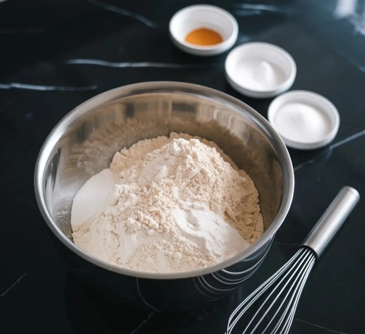 Dry ingredients for mochi donuts in a stainless steel mixing bowl, including flour and sugar, placed beside small white bowls of baking powder and vanilla on a black countertop with a metal whisk.