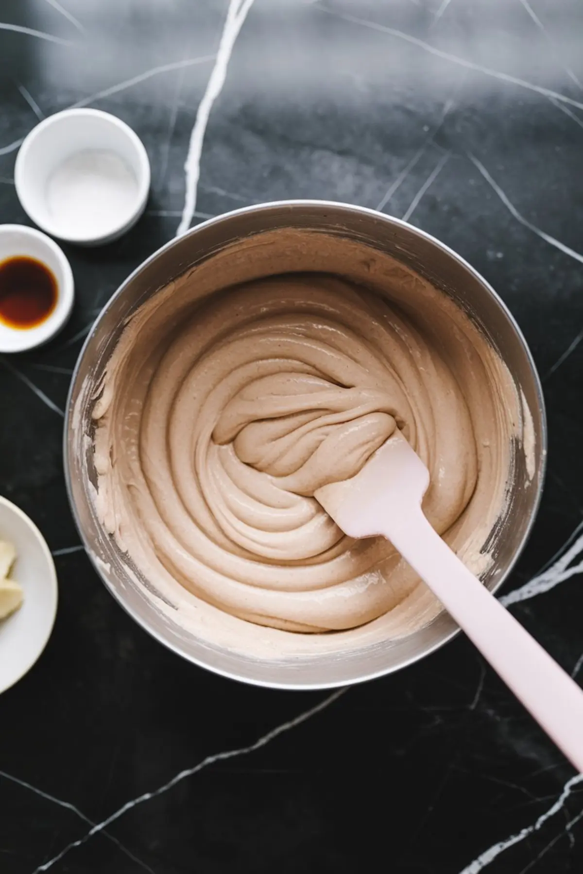 Smooth mochi donut batter swirled in a large mixing bowl with a pink spatula, surrounded by small bowls of vanilla extract, sugar, and butter on a dark marble surface.