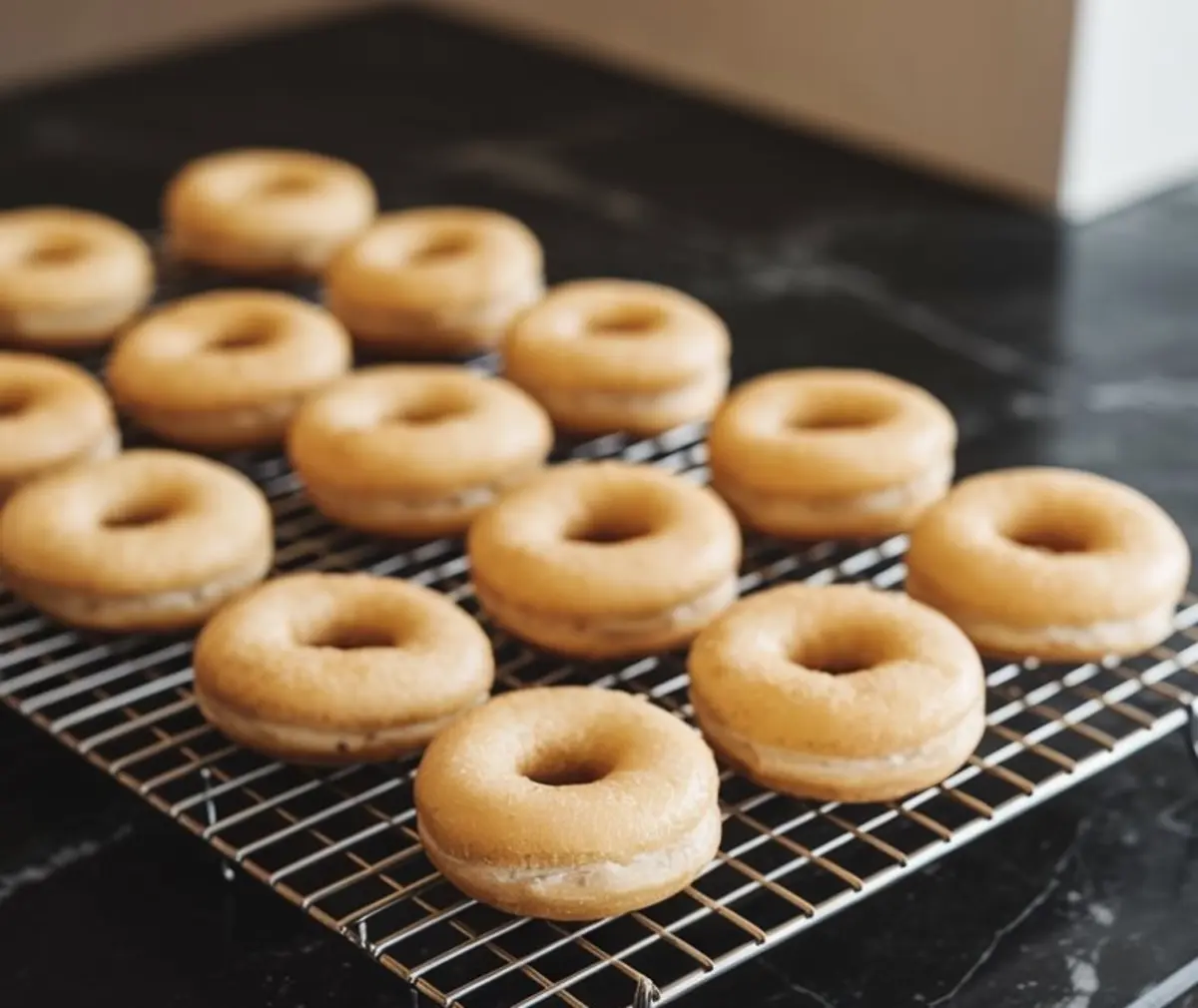 Freshly baked plain mochi donuts cooling on a wire rack, arranged in rows, showing their soft golden-brown texture on a dark kitchen counter.