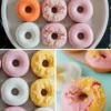 Mochi donuts glazed in pastel shades of pink, white, yellow, and orange, some topped with coconut flakes and floral bits, arranged in a grid on a round plate. The collage includes a close-up of a pink-and-yellow donut with tropical toppings on a mini cake stand.