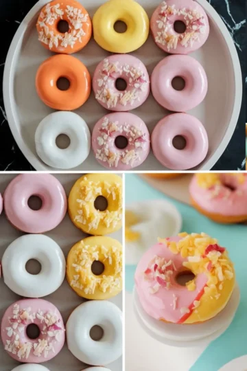 Mochi donuts glazed in pastel shades of pink, white, yellow, and orange, some topped with coconut flakes and floral bits, arranged in a grid on a round plate. The collage includes a close-up of a pink-and-yellow donut with tropical toppings on a mini cake stand.