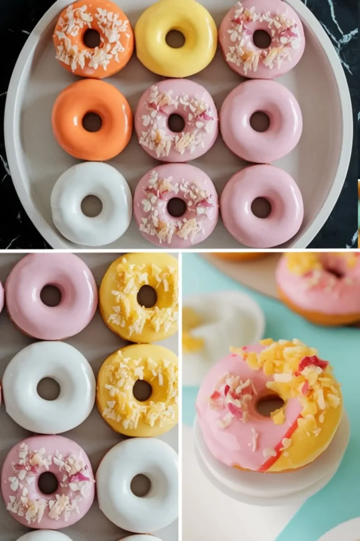 Mochi donuts glazed in pastel shades of pink, white, yellow, and orange, some topped with coconut flakes and floral bits, arranged in a grid on a round plate. The collage includes a close-up of a pink-and-yellow donut with tropical toppings on a mini cake stand.