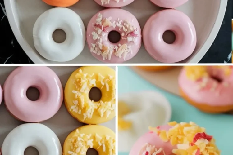 Mochi donuts glazed in pastel shades of pink, white, yellow, and orange, some topped with coconut flakes and floral bits, arranged in a grid on a round plate. The collage includes a close-up of a pink-and-yellow donut with tropical toppings on a mini cake stand.
