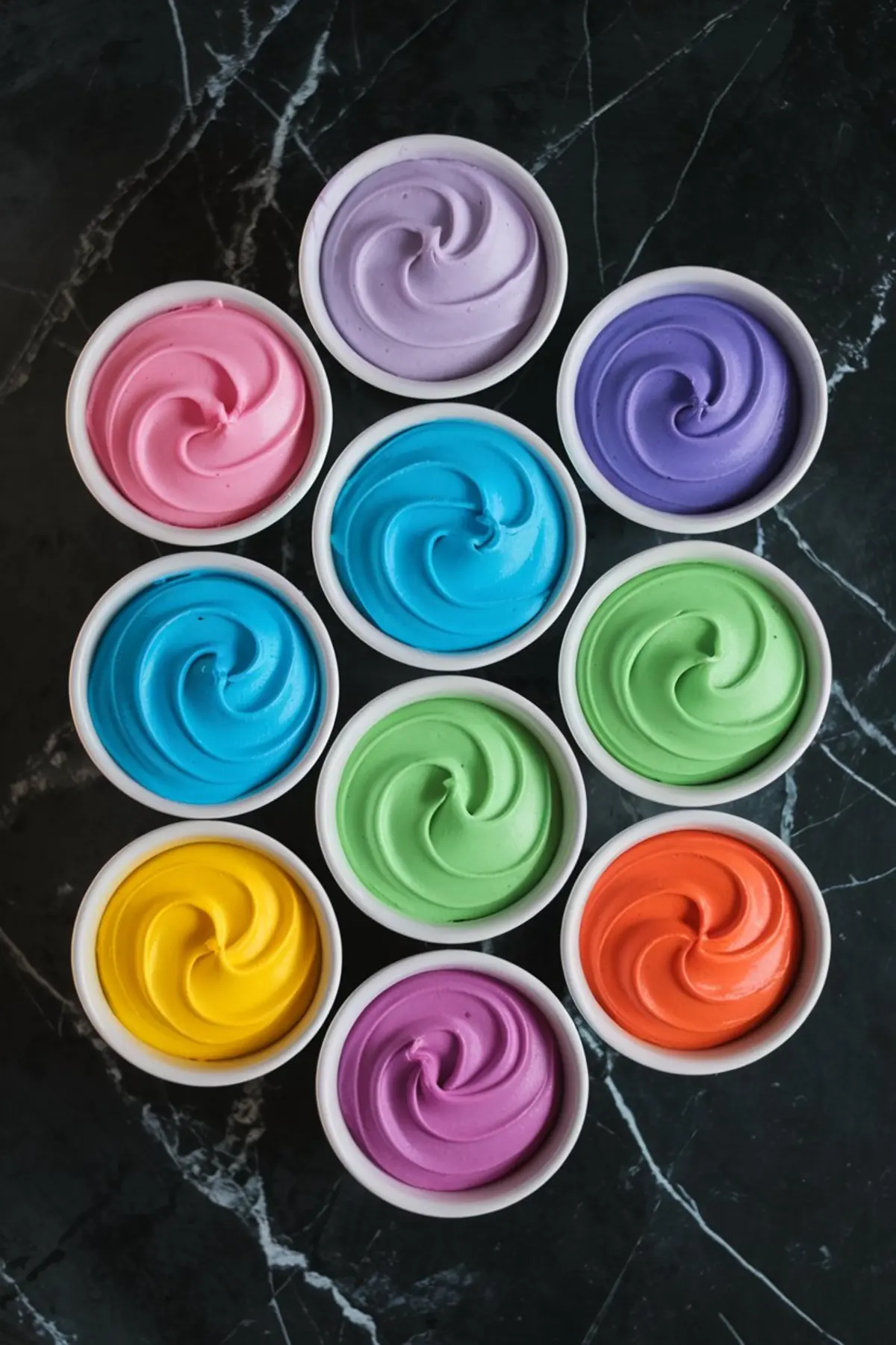 Small bowls of pastel-colored royal icing arranged in a grid pattern on a black marble countertop. The icing colors include pink, purple, blue, green, yellow, and orange, each swirled into a smooth, glossy finish.