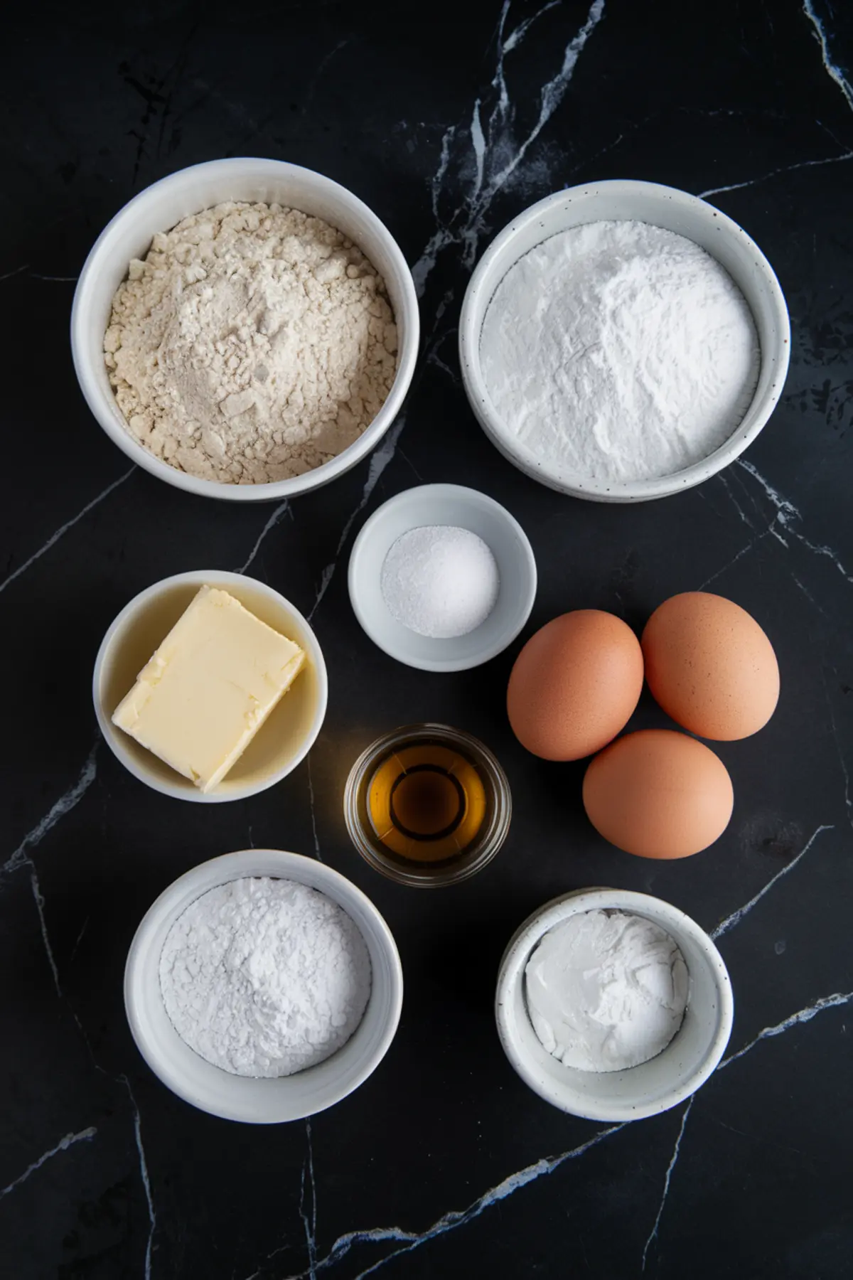 A flat-lay image of baking ingredients in small bowls on a black marble countertop. The ingredients include flour, powdered sugar, butter, eggs, baking soda, vanilla extract, and cornstarch, arranged neatly for a cookie recipe.