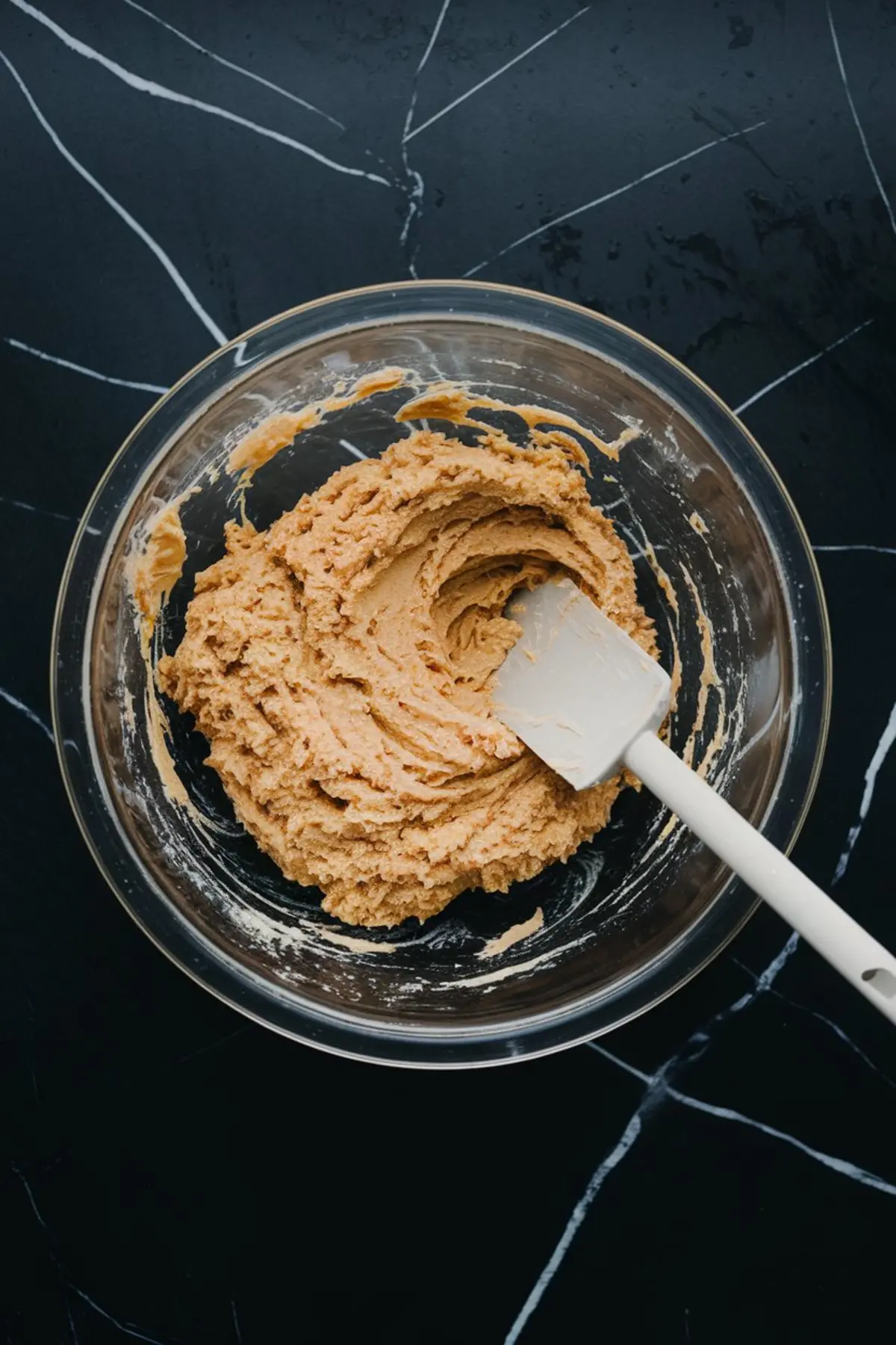 A glass mixing bowl filled with soft cookie dough, being stirred with a white silicone spatula. The dough has a creamy, golden texture, sitting on a black marble countertop.