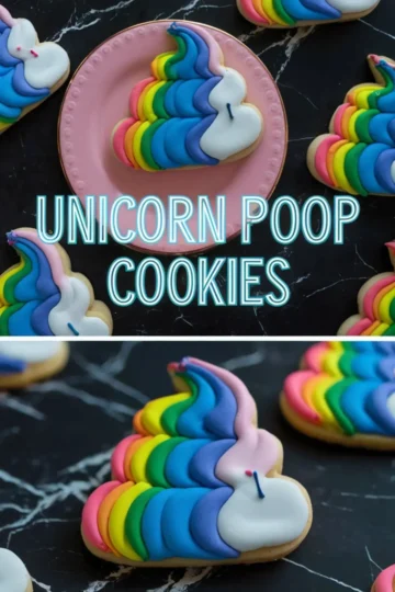 A collage of two images featuring rainbow unicorn poop cookies with colorful swirled icing in pink, blue, yellow, and green. The top image shows a decorated cookie on a pink plate, while the bottom image provides a close-up view. Neon text reading “Unicorn Poop Cookies” overlays the images.