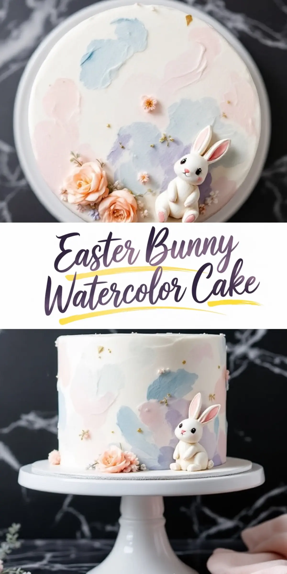 A whimsical Easter bunny watercolor cake decorated with pastel brushstroke-style frosting in pink, blue, and purple, topped with small flowers and a fondant bunny, presented on a white cake stand against a dark marble background.