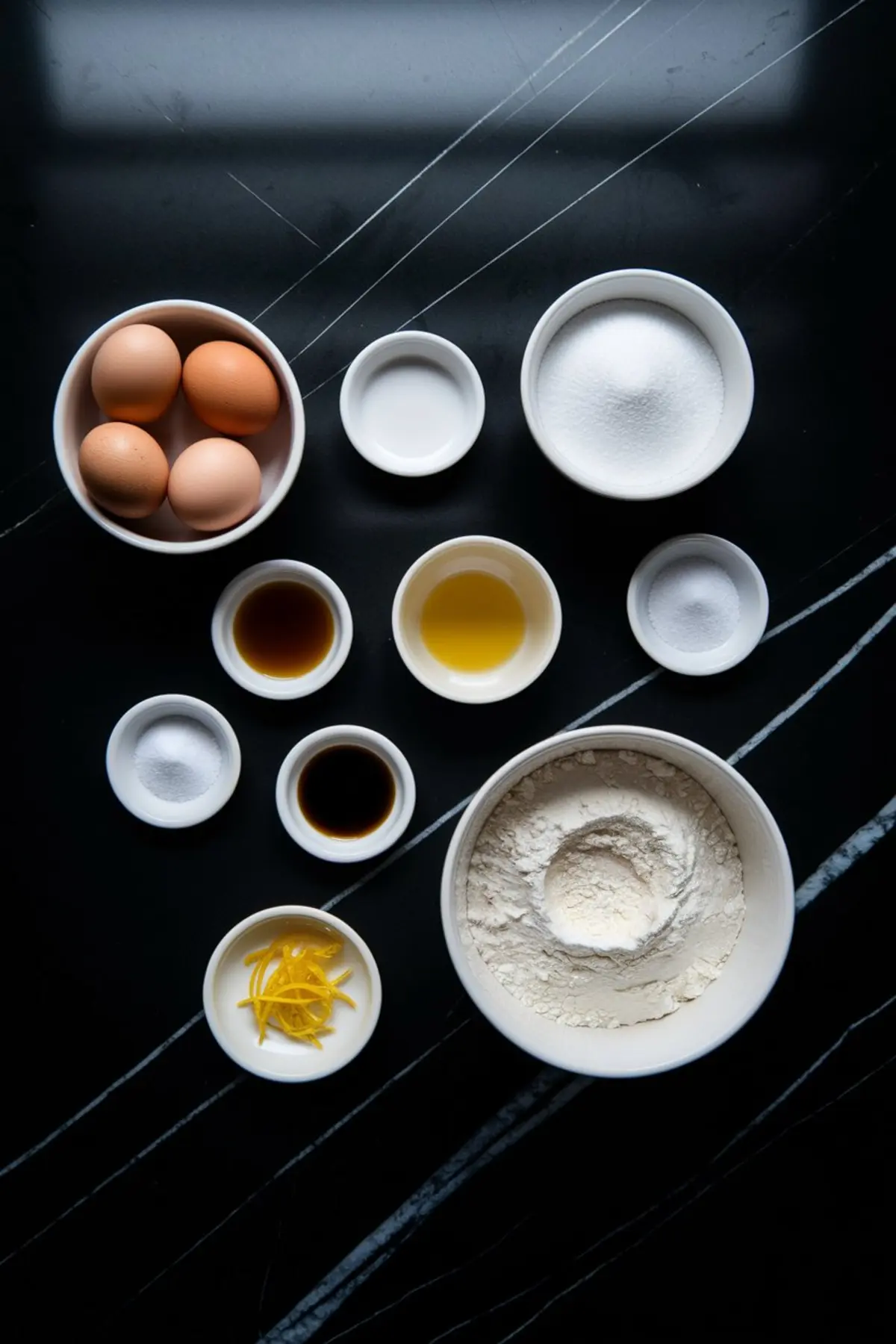 A flat lay of cake ingredients on a black marble countertop, including eggs, flour, sugar, vanilla extract, lemon zest, oil, and other small bowls of baking essentials, arranged neatly for cake preparation.