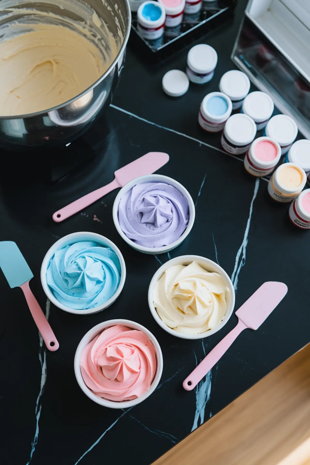 Four small bowls of pastel-colored buttercream frosting in purple, blue, pink, and white, arranged with pink spatulas, surrounded by jars of gel food coloring, with a large bowl of cake batter nearby, set on a black marble countertop.