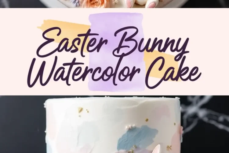 A pastel Easter bunny watercolor cake with soft painted-style frosting in pink, blue, and purple shades, adorned with peach roses, tiny flowers, and a fondant bunny, displayed on a white cake stand, with “Easter Bunny Watercolor Cake” text overlay.