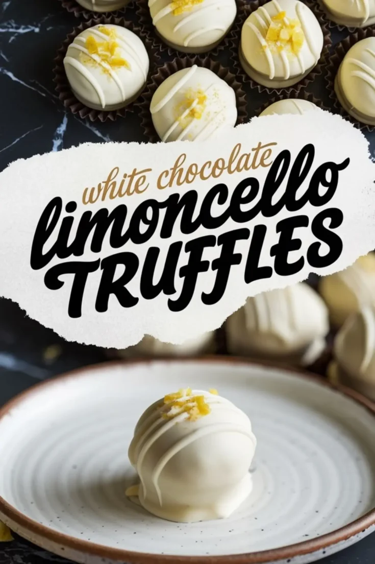A collage featuring white chocolate limoncello truffles. The top section showcases perfectly drizzled truffles in brown mini cups, while the bottom section presents a close-up of a single truffle with lemon zest garnish on a ceramic plate. A textured white label with bold script text reads “White Chocolate Limoncello Truffles.”
