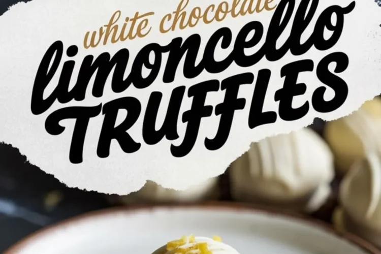 A collage featuring white chocolate limoncello truffles. The top section showcases perfectly drizzled truffles in brown mini cups, while the bottom section presents a close-up of a single truffle with lemon zest garnish on a ceramic plate. A textured white label with bold script text reads “White Chocolate Limoncello Truffles.”