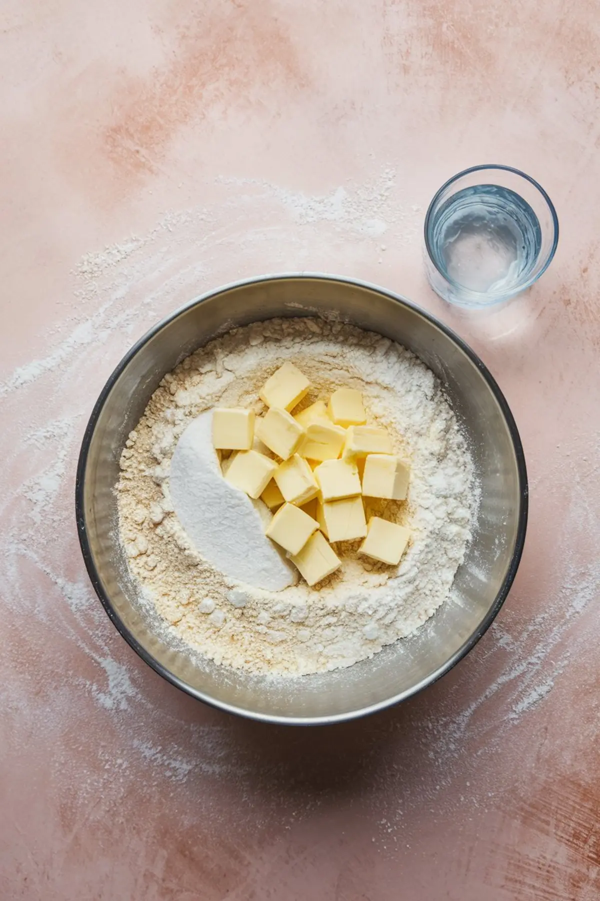 Mixing bowl filled with flour, sugar, and cold butter cubes, next to a glass of water on a floured pink surface, for preparing apple pie dough.