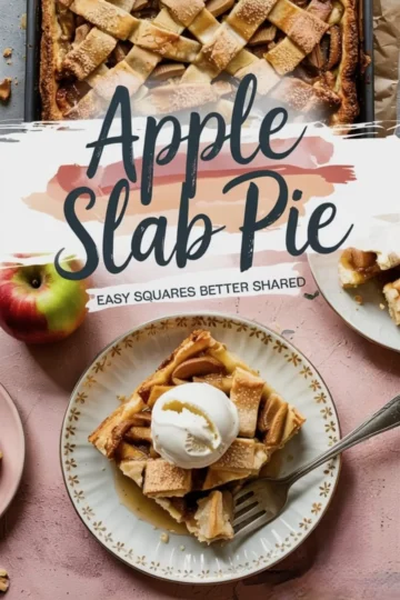 Golden apple slab pie with a lattice crust in a baking tray, served with a scoop of vanilla ice cream on a plate, surrounded by pie squares and styled with text overlay reading “Apple Slab Pie – Grab a square, go outside.”