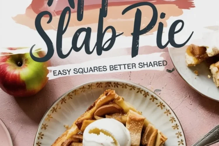 Golden apple slab pie with a lattice crust in a baking tray, served with a scoop of vanilla ice cream on a plate, surrounded by pie squares and styled with text overlay reading “Apple Slab Pie – Grab a square, go outside.”