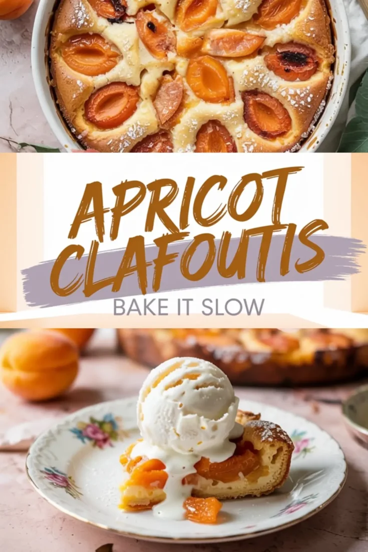 A collage with a close-up of a baked apricot clafoutis in a white ceramic dish, centered text reading “Apricot Clafoutis – Bake It Slow,” and a plated slice topped with melting vanilla ice cream.