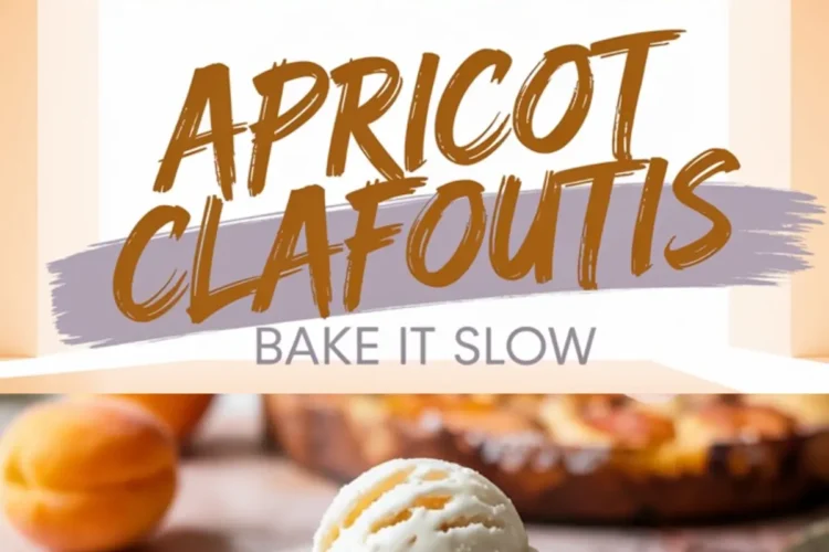 A collage with a close-up of a baked apricot clafoutis in a white ceramic dish, centered text reading “Apricot Clafoutis – Bake It Slow,” and a plated slice topped with melting vanilla ice cream.
