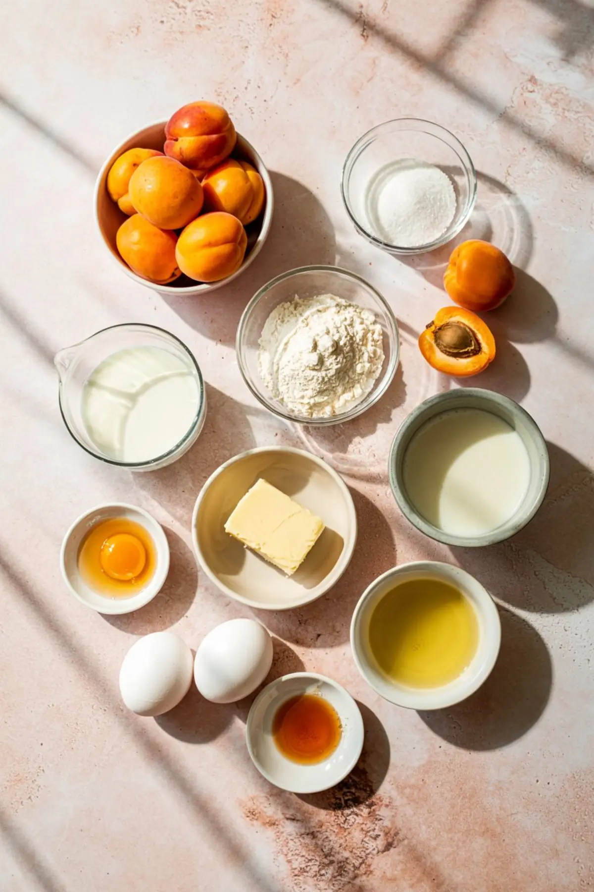 Flat lay of ingredients for apricot clafoutis, including whole apricots, flour, sugar, milk, butter, eggs, oil, and vanilla extract arranged in ceramic and glass bowls on a sunlit pink background.