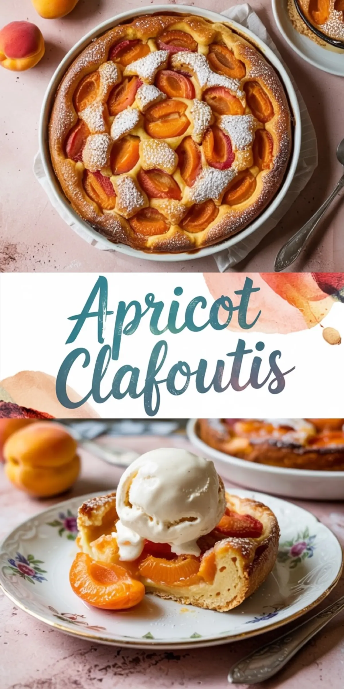 A vertical collage showing a whole apricot clafoutis dusted with powdered sugar, a centered text reading “Apricot Clafoutis,” and a plated slice topped with a scoop of vanilla ice cream on a floral china plate.