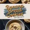 Top and bottom views of banana bread cookies with chocolate chips and walnut pieces. Soft-baked cookies are displayed on a cooling rack and in a beige bowl, highlighting their golden texture and chunky mix-ins.