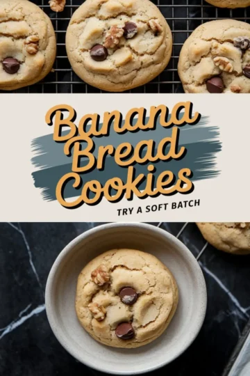 Top and bottom views of banana bread cookies with chocolate chips and walnut pieces. Soft-baked cookies are displayed on a cooling rack and in a beige bowl, highlighting their golden texture and chunky mix-ins.