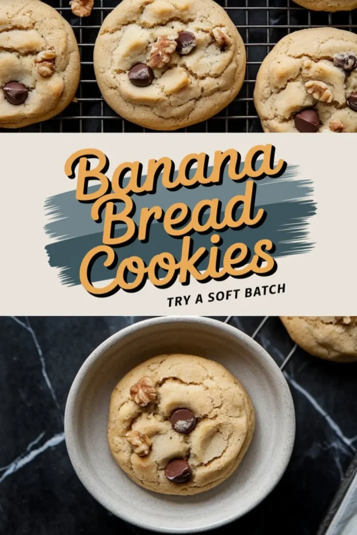 Top and bottom views of banana bread cookies with chocolate chips and walnut pieces. Soft-baked cookies are displayed on a cooling rack and in a beige bowl, highlighting their golden texture and chunky mix-ins.