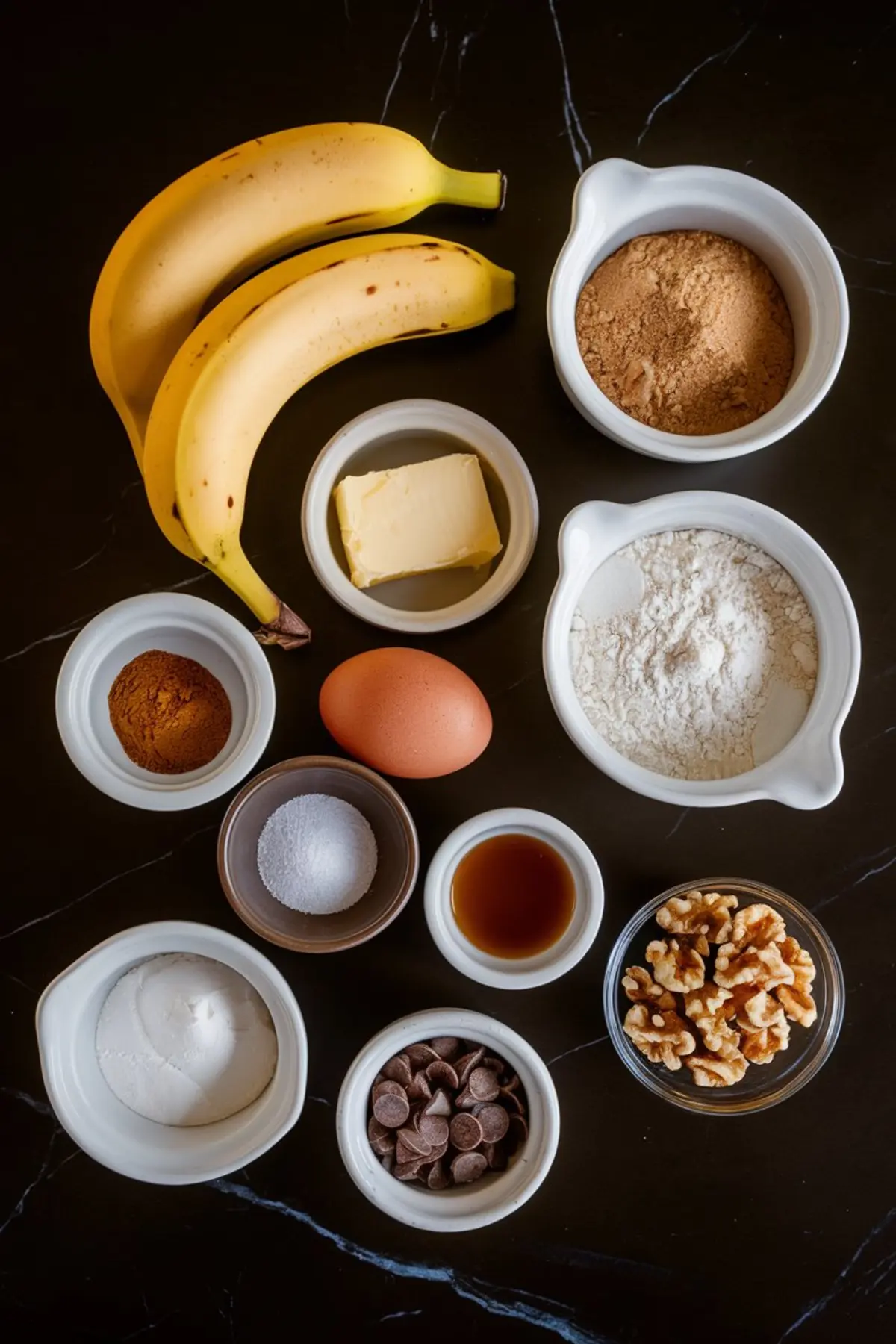 Flat lay of banana bread cookie ingredients on a dark surface. Includes bananas, brown sugar, flour, butter, egg, cinnamon, salt, vanilla extract, baking soda, chocolate chips, and walnuts in white and brown bowls.