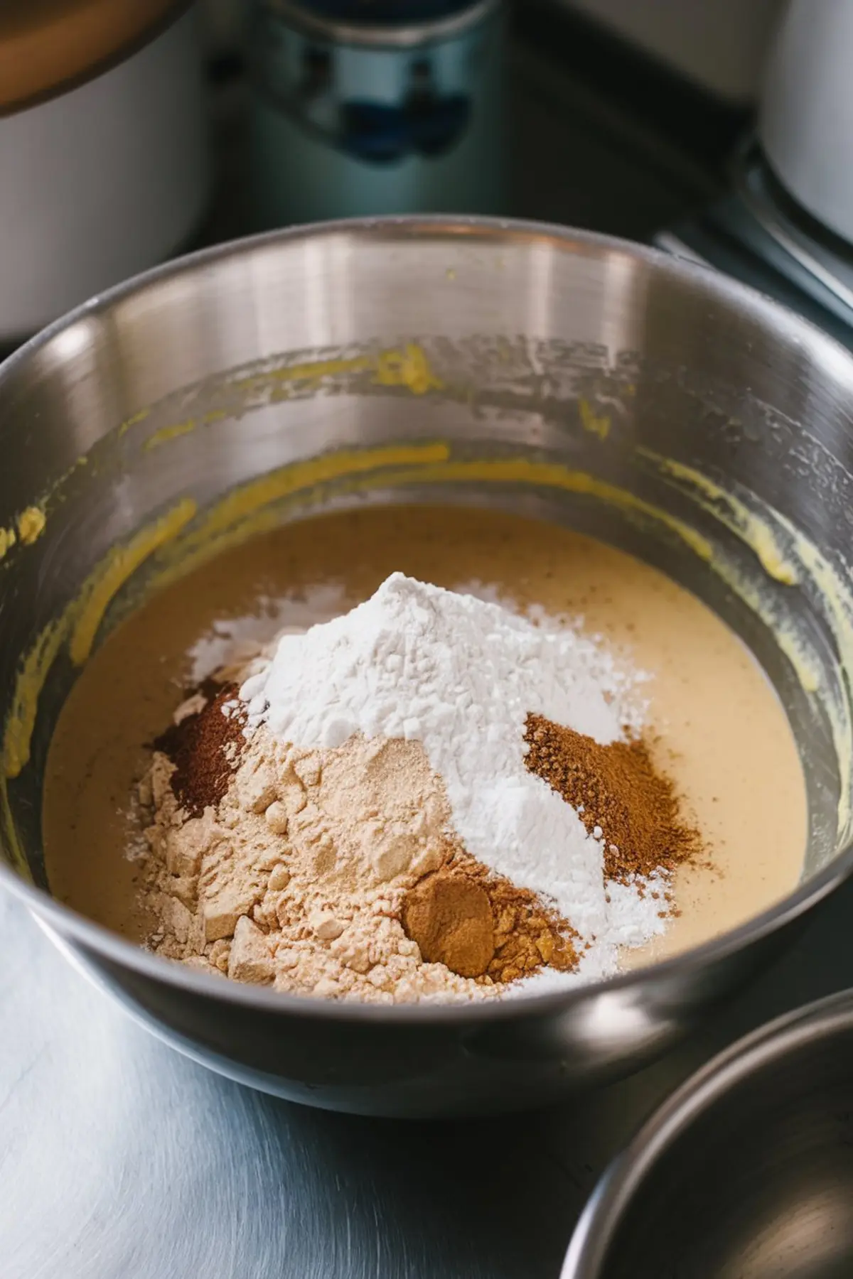 Dry ingredients for banana bread cookies in a metal mixing bowl. Includes flour, cinnamon, baking soda, and ginger atop a wet batter mixture.