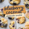 Collage of blueberry coconut cheesecake cookies on parchment paper – A collage displaying soft, round blueberry coconut cookies drizzled with glaze and baked to a light golden brown. Cookies are arranged on parchment paper with a hand-drawn title overlay and close-up views of their chewy, creamy texture.