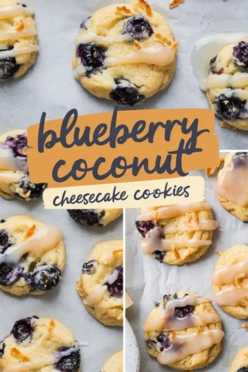 Collage of blueberry coconut cheesecake cookies on parchment paper – A collage displaying soft, round blueberry coconut cookies drizzled with glaze and baked to a light golden brown. Cookies are arranged on parchment paper with a hand-drawn title overlay and close-up views of their chewy, creamy texture.