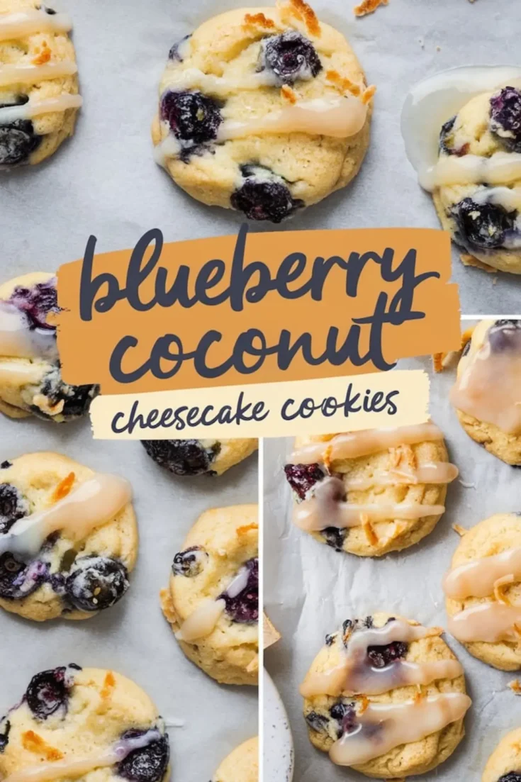 Collage of blueberry coconut cheesecake cookies on parchment paper – A collage displaying soft, round blueberry coconut cookies drizzled with glaze and baked to a light golden brown. Cookies are arranged on parchment paper with a hand-drawn title overlay and close-up views of their chewy, creamy texture.