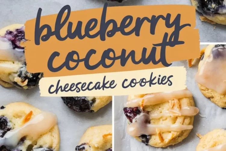 Collage of blueberry coconut cheesecake cookies on parchment paper – A collage displaying soft, round blueberry coconut cookies drizzled with glaze and baked to a light golden brown. Cookies are arranged on parchment paper with a hand-drawn title overlay and close-up views of their chewy, creamy texture.