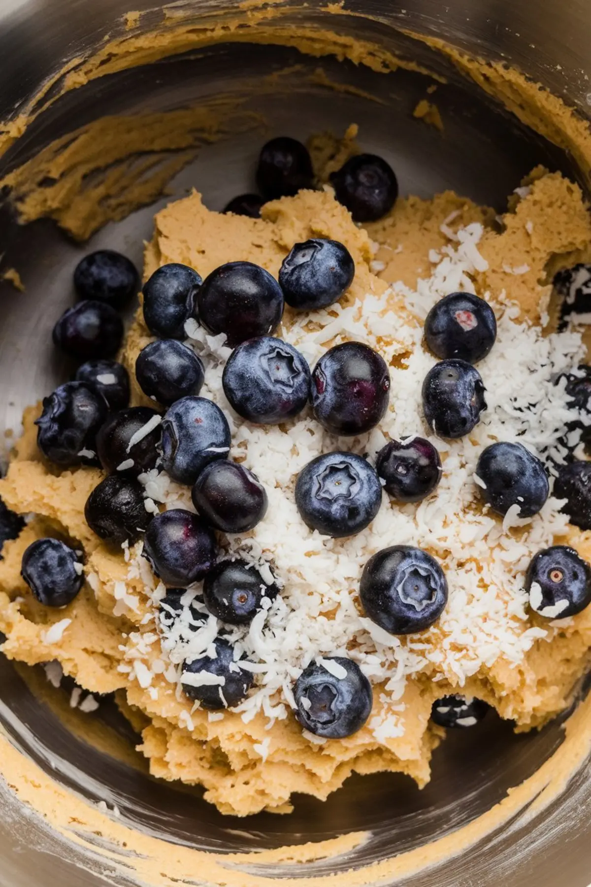 A close-up of raw cookie dough in a metal bowl topped with fresh blueberries and shredded coconut, ready to be mixed. Highlights the ingredients for blueberry coconut cheesecake cookies in the creaming stage.