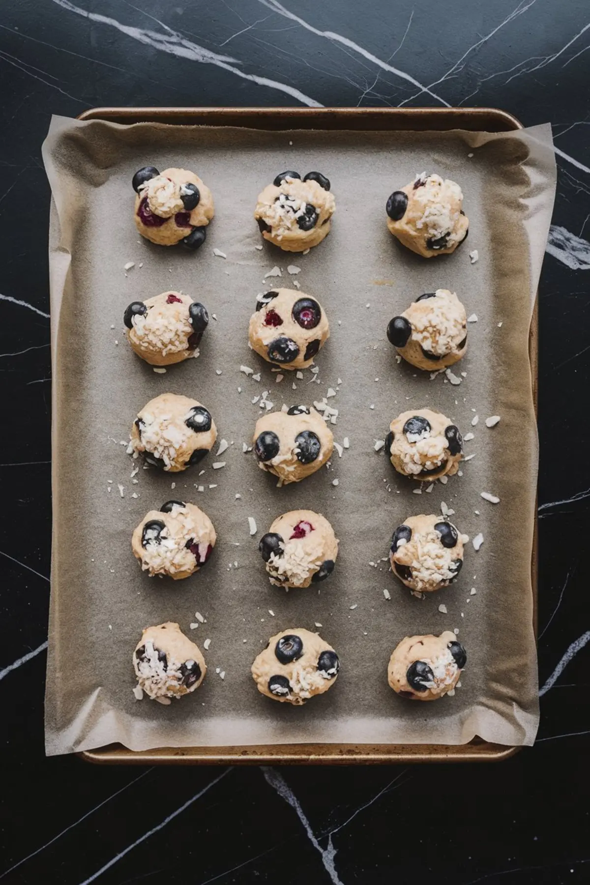 Overhead shot of unbaked cookie dough balls on a parchment-lined baking sheet. Each dough ball is studded with fresh blueberries and sprinkled with shredded coconut, arranged in neat rows on a dark marble surface.