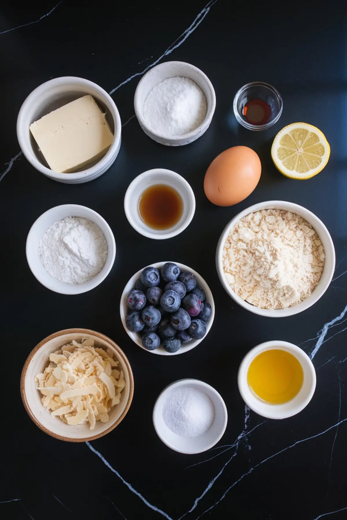Flat lay photo of individual ingredients in small bowls on a black marble surface. Includes butter, sugar, flour, shredded coconut, fresh blueberries, egg, lemon, vanilla, and baking soda, organized for baking blueberry coconut cheesecake cookies.