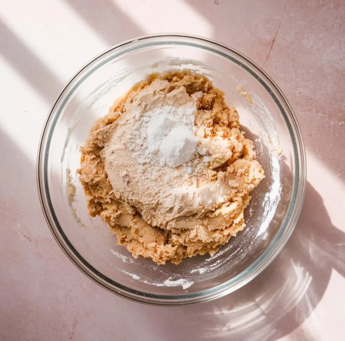 Overhead view of thick cookie dough in a glass bowl with flour and leavening ingredients added on top, bathed in natural sunlight over a pink surface. Great for showcasing cookie preparation steps or homemade baking visuals.