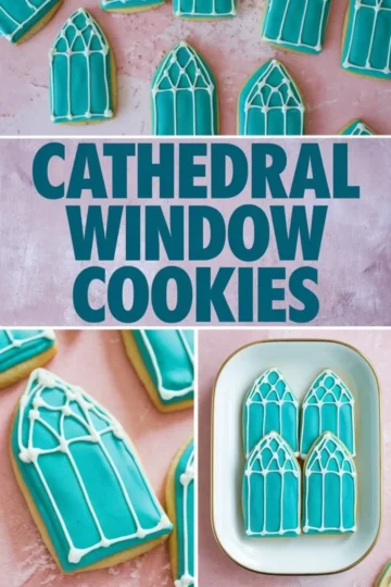 Collage of turquoise cathedral window cookies with clean white icing lines styled on a pink background and white serving plate. Includes a central text panel and close-up angles, great for festive cookie ideas or baking blog visuals.
