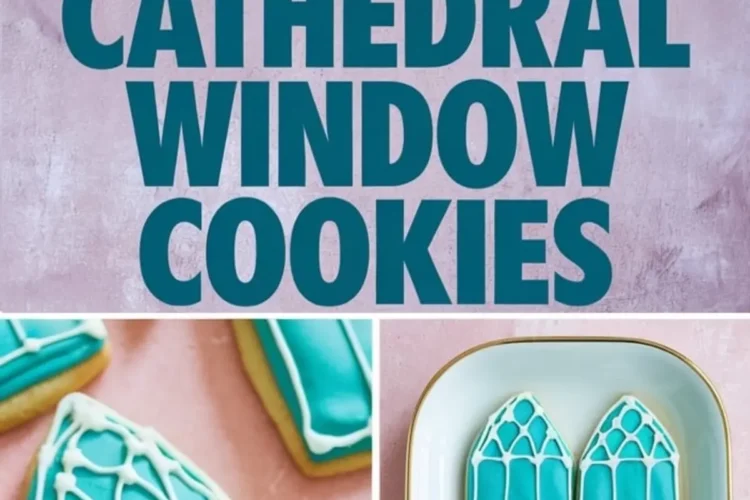 Collage of turquoise cathedral window cookies with clean white icing lines styled on a pink background and white serving plate. Includes a central text panel and close-up angles, great for festive cookie ideas or baking blog visuals.