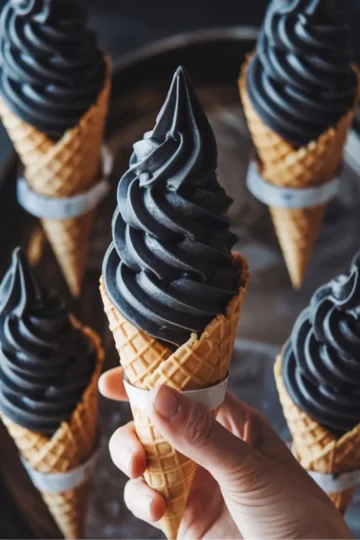 Hand holding a black charcoal soft serve ice cream cone, surrounded by four cones placed in a circular tray. The rich swirl of the soft serve contrasts with the golden waffle cone. Captures trendy dessert styling with bold color and texture.