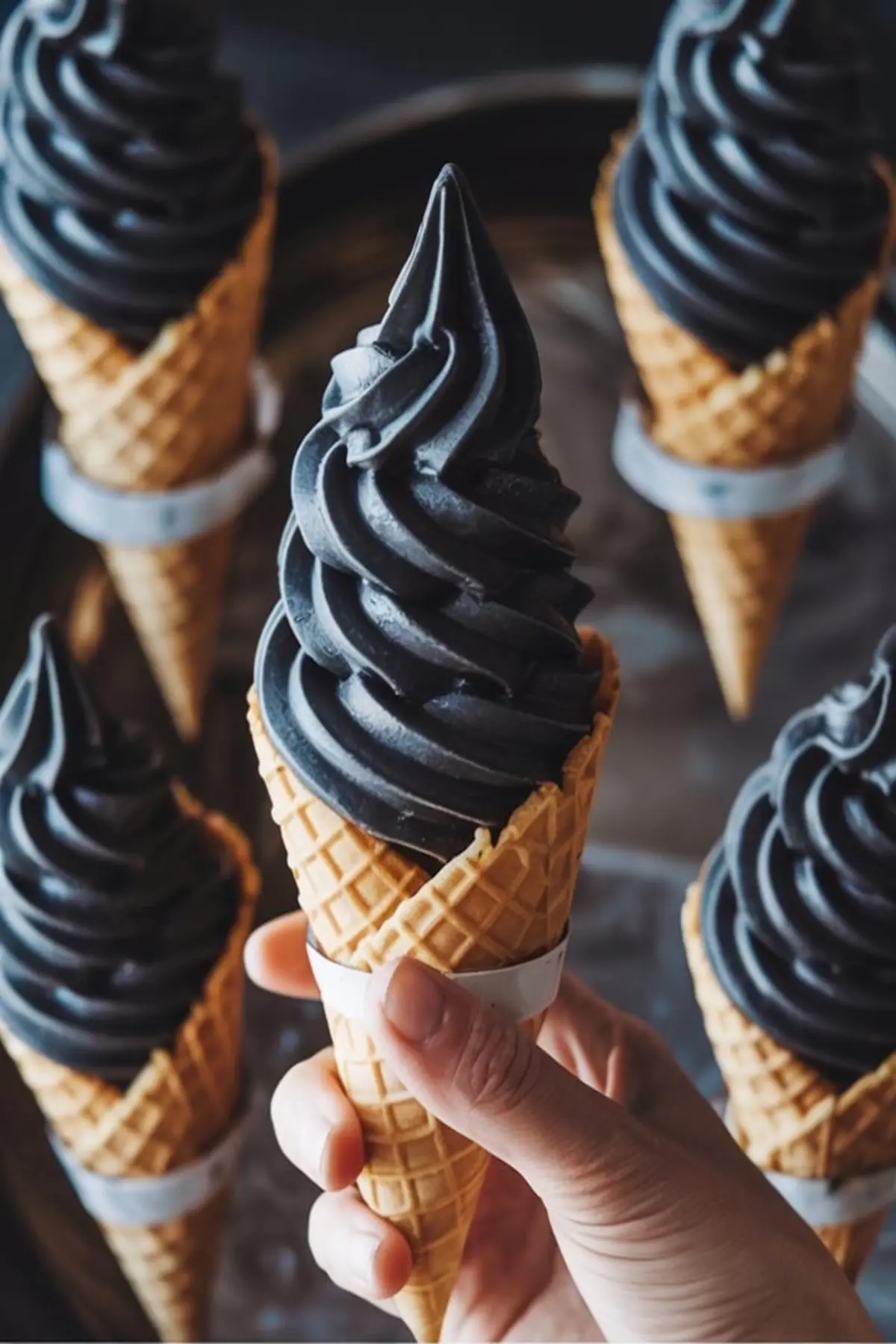 Hand holding a black charcoal soft serve ice cream cone, surrounded by four cones placed in a circular tray. The rich swirl of the soft serve contrasts with the golden waffle cone. Captures trendy dessert styling with bold color and texture.
